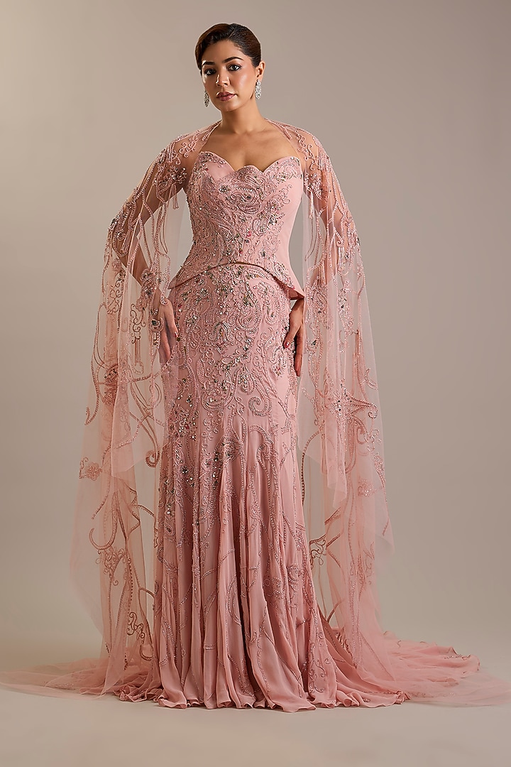 Pink Georgette Bead Embroidered Skirt Set by Dolly J at Pernia's Pop Up Shop