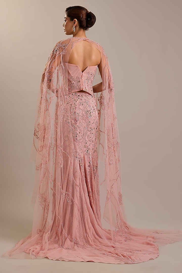 Pink Georgette Bead Embroidered Skirt Set by Dolly J at Pernia's Pop Up Shop