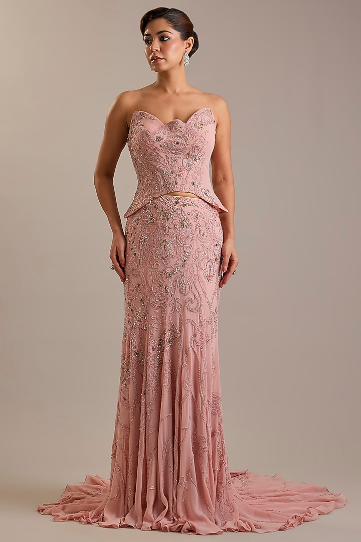 Pink Georgette Bead Embroidered Skirt Set by Dolly J at Pernia's Pop Up Shop
