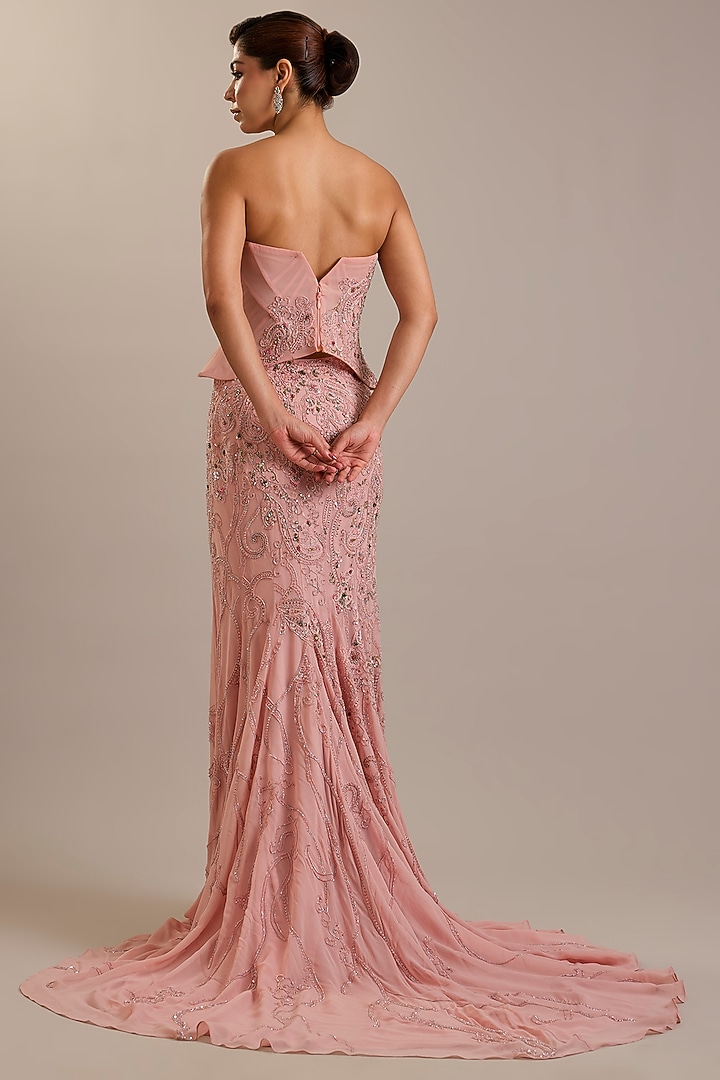 Pink Georgette Bead Embroidered Skirt Set by Dolly J at Pernia's Pop Up Shop