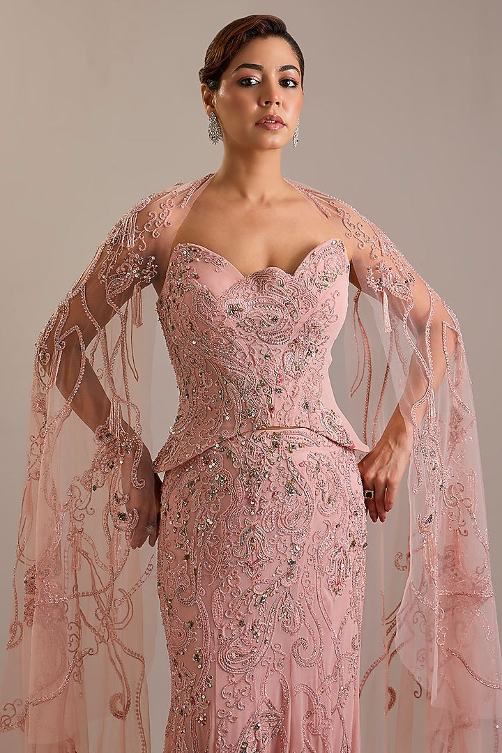 Pink Georgette Bead Embroidered Skirt Set by Dolly J at Pernia's Pop Up Shop