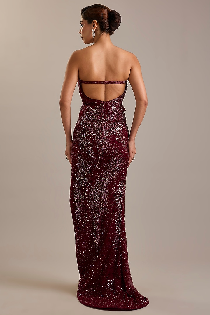 Maroon Tulle & Net Embroidered Off-Shoulder Wedding Gown by Dolly J at Pernia's Pop Up Shop