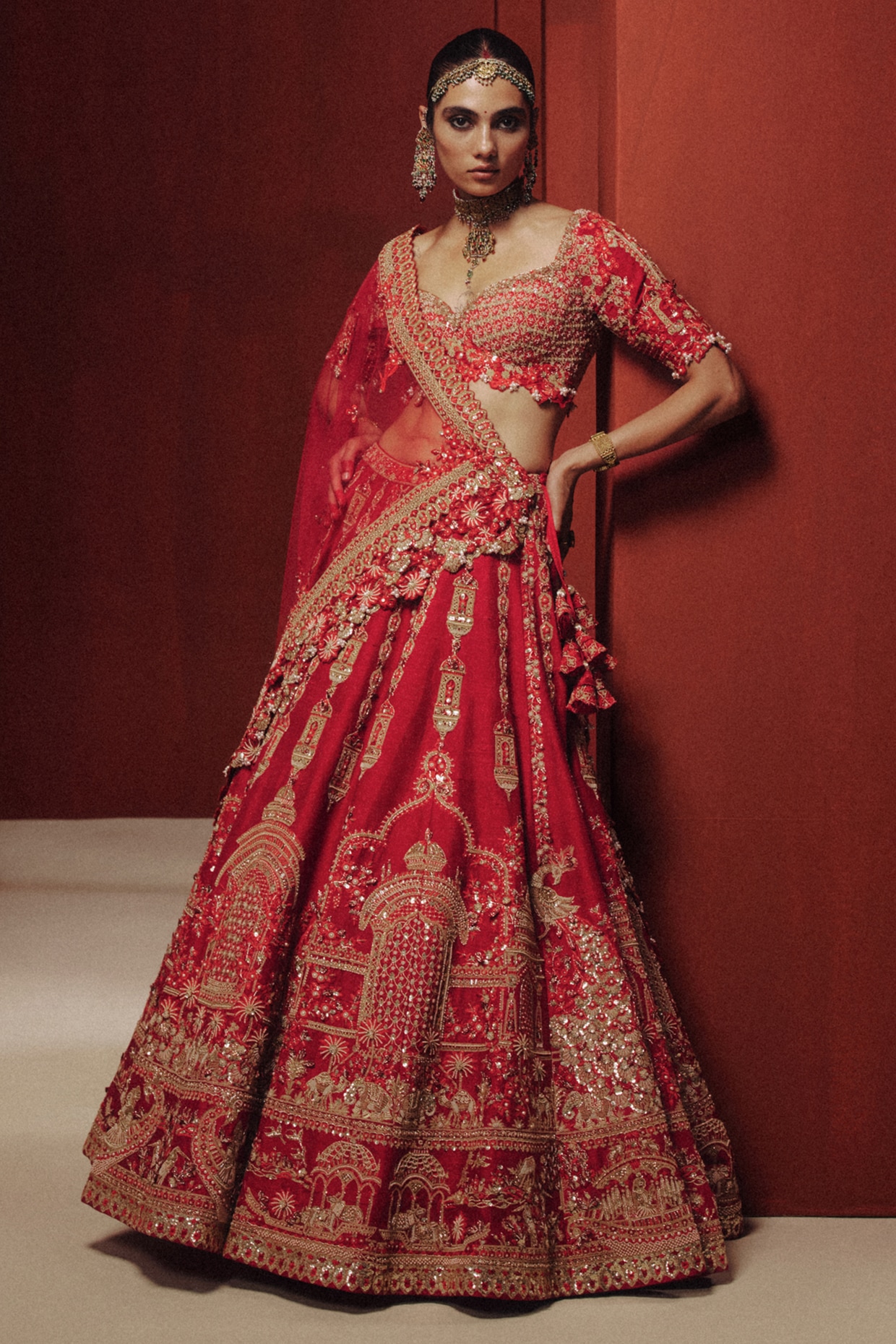 Dolly J Red Raw Silk Motifs Embroidered Bridal Lehenga Set