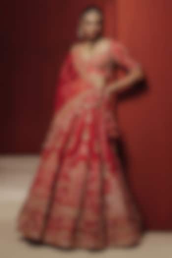Red Raw Silk Motifs Embroidered Bridal Bridal Lehenga Set by Dolly J at Pernia's Pop Up Shop
