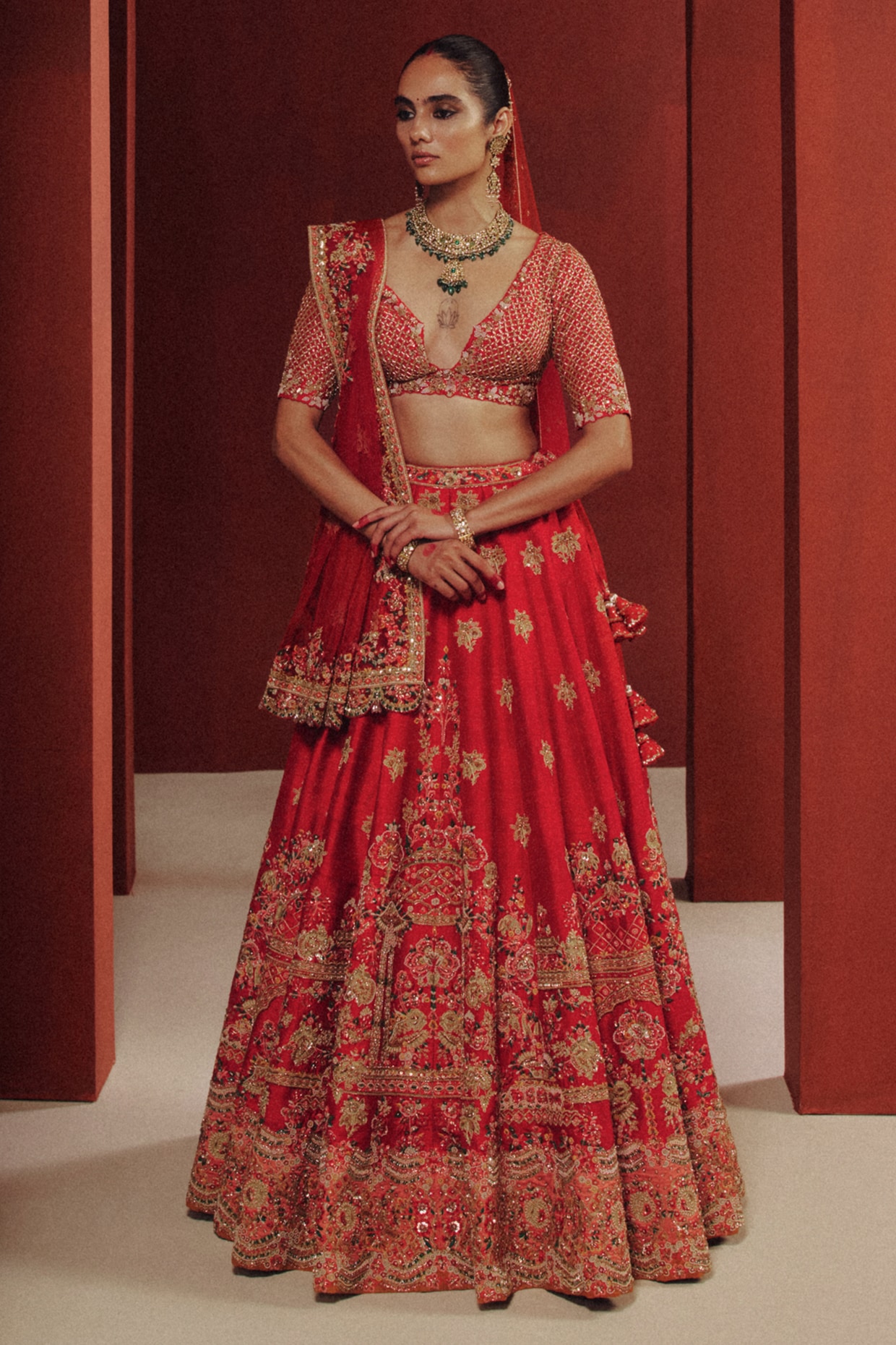 Dolly J Blood Red Raw Silk Zardosi Embroidered Bridal Lehenga Set
