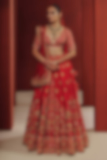 Blood Red Raw Silk Zardosi Embroidered Bridal Bridal Lehenga Set by Dolly J at Pernia's Pop Up Shop