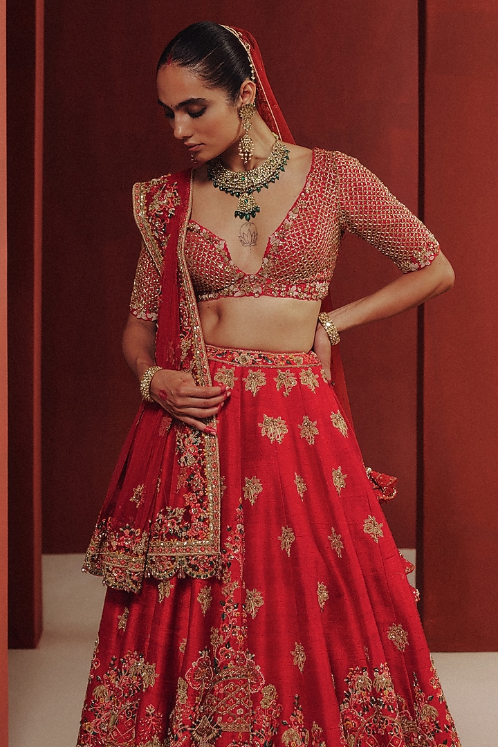 Blood Red Raw Silk Zardosi Embroidered Bridal Bridal Lehenga Set by Dolly J at Pernia's Pop Up Shop