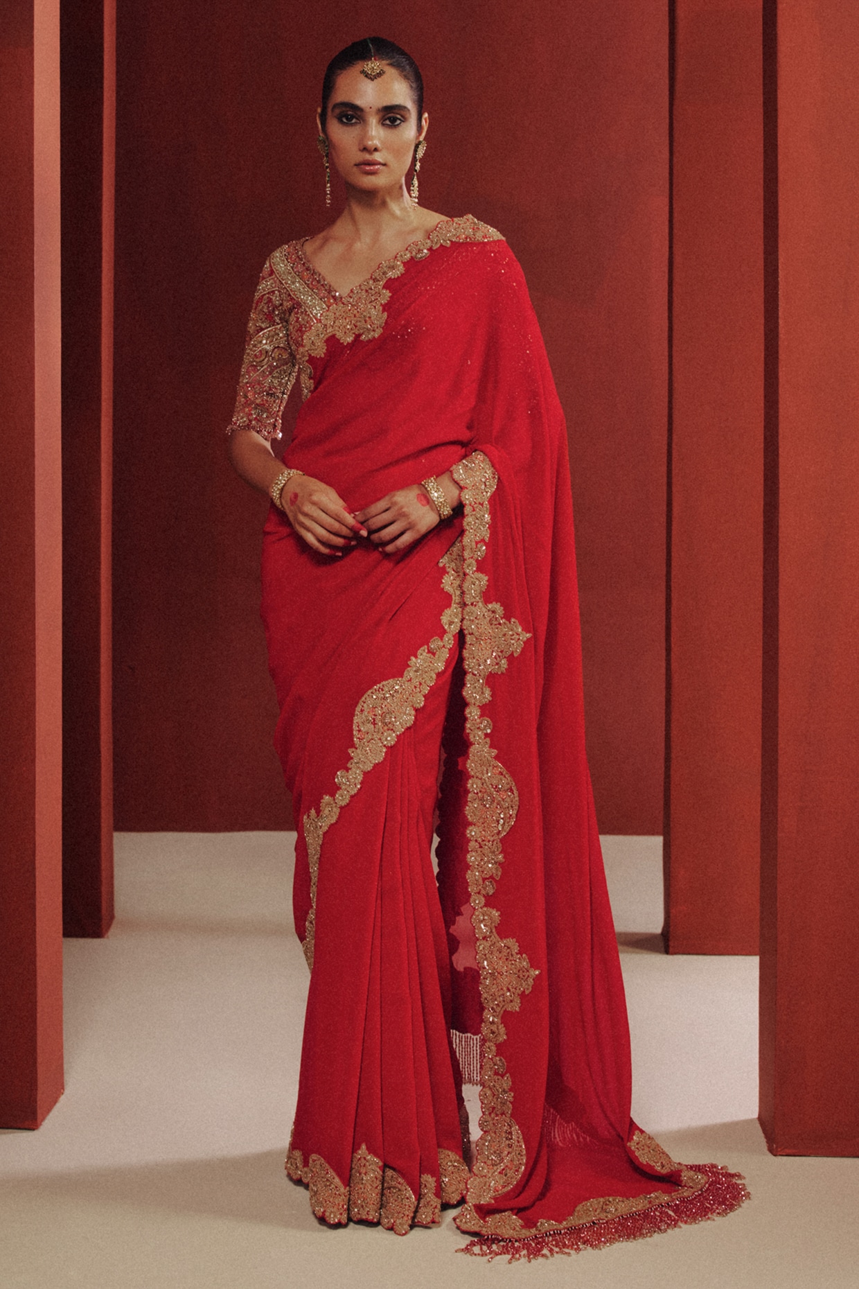 Dolly J Burnt Red Chiffon Saree Set