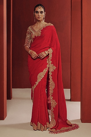 Burnt Red Chiffon Saree Set by Dolly J