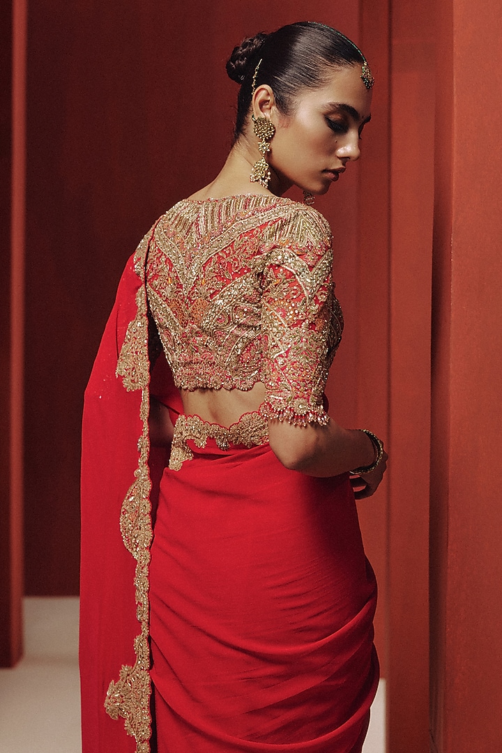 Burnt Red Chiffon Reception Saree Set by Dolly J at Pernia's Pop Up Shop