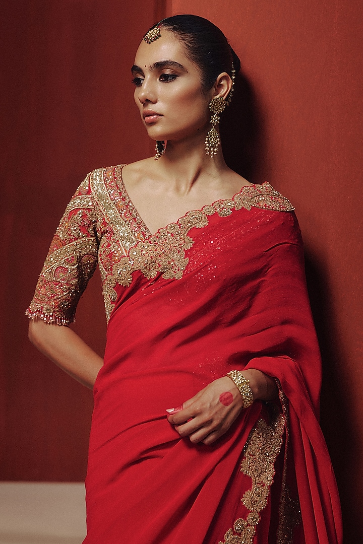 Burnt Red Chiffon Reception Saree Set by Dolly J at Pernia's Pop Up Shop