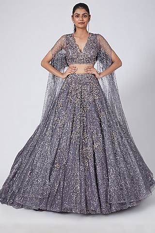 Greyish Blue Embroidered Lehenga Set by Dolly J