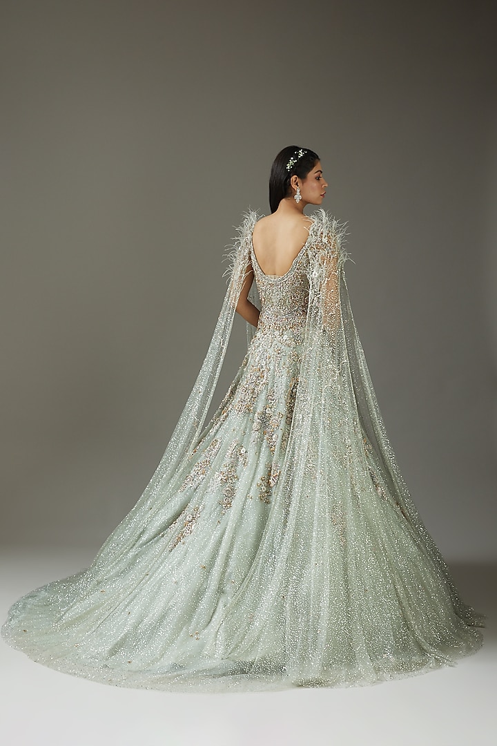 Mint Green Pleated Tulle Gown by Dolly J at Pernia's Pop Up Shop 2026