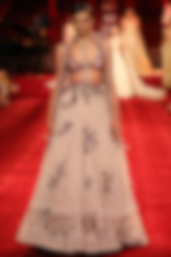 Peach Chiffon Embroidered Jacket Bridal Lehenga Set by Dolly J at Pernia's Pop Up Shop