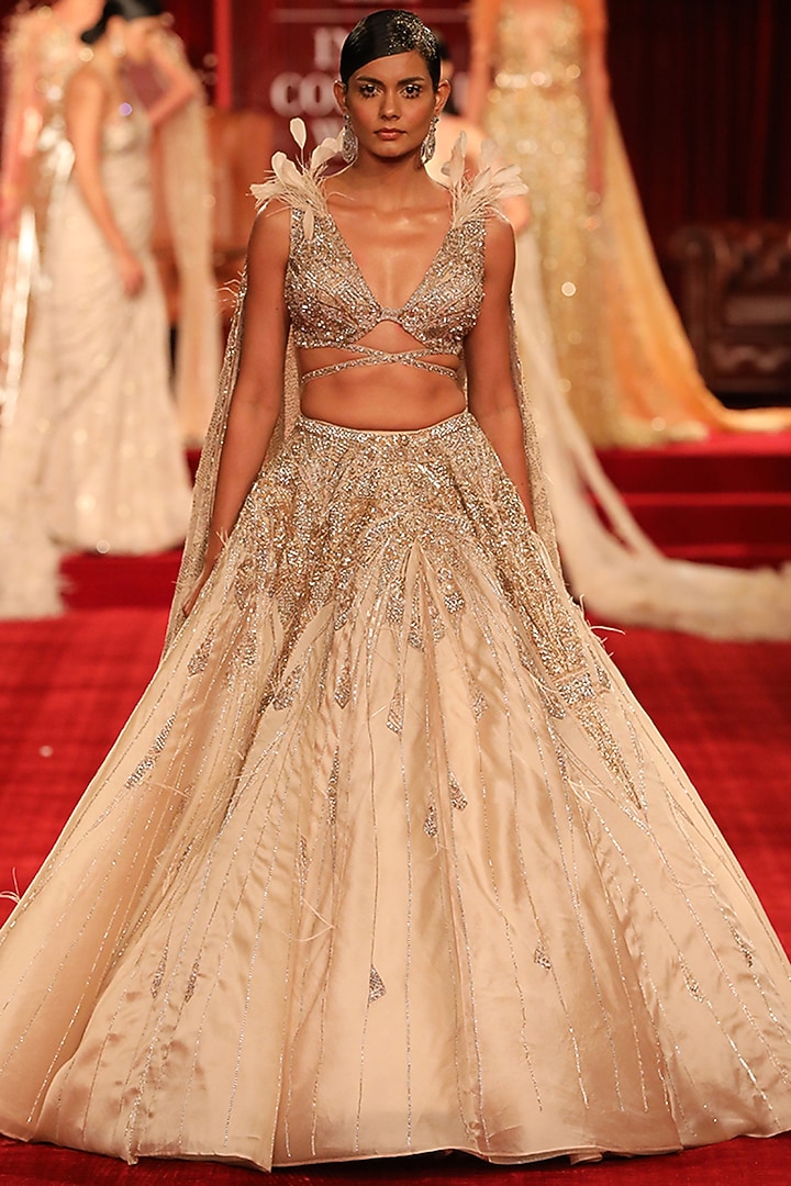 Champagne Silk Embroidered Bridal Lehenga Set by Dolly J at Pernia's Pop Up Shop