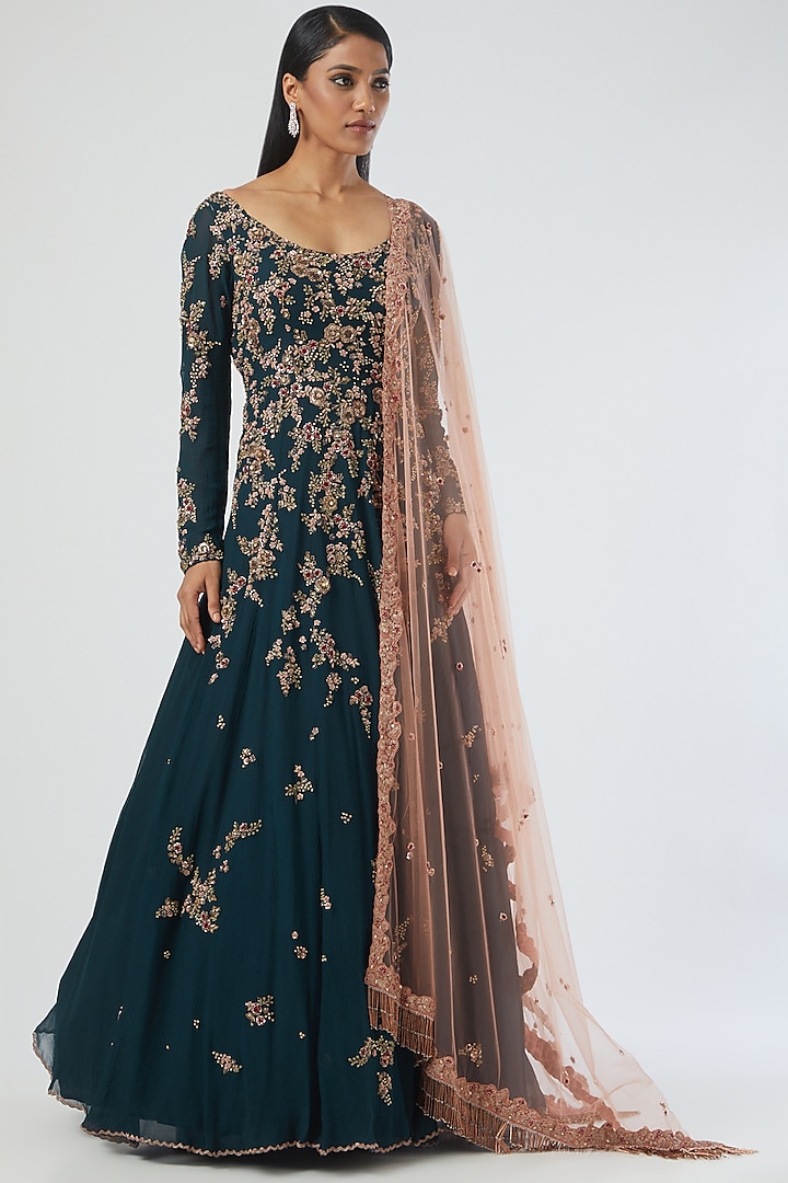 Midnight Blue Embroidered Anarkali Set by Dolly J