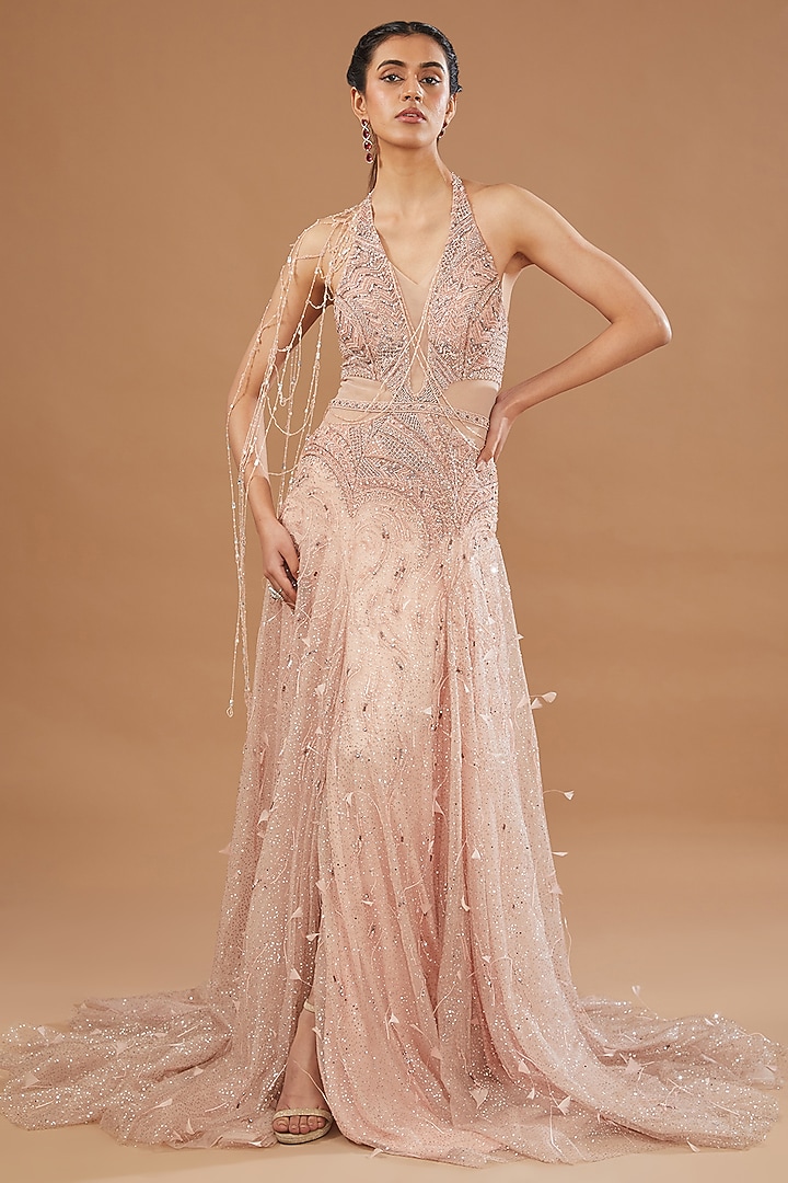 Blush Pink Shimmer Tulle Pearl & Crystal Embroidered Bridal Gown by Dolly J at Pernia's Pop Up Shop