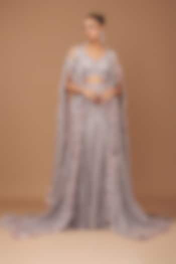 Pale Mauve Shimmer Tulle Hand Embroidered Bridal Lehenga Set by Dolly J at Pernia's Pop Up Shop