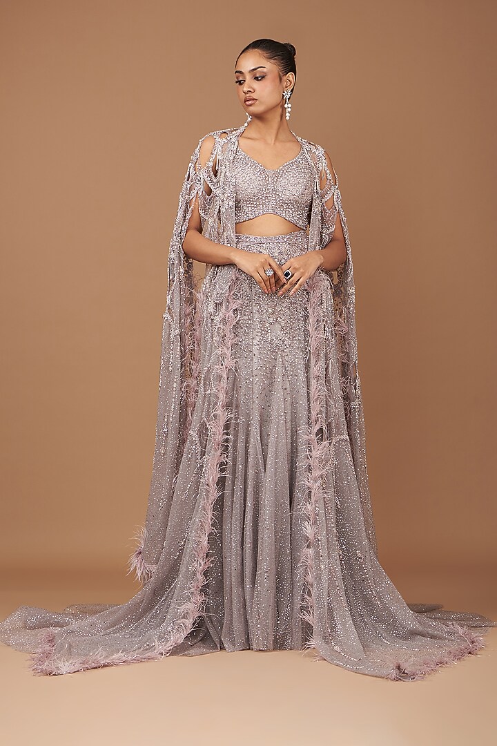 Pale Mauve Shimmer Tulle Hand Embroidered Bridal Lehenga Set by Dolly J at Pernia's Pop Up Shop