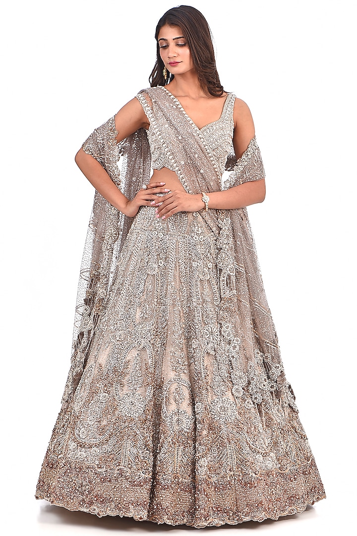 Dusty Ivory Shimmer Tulle Pearl Hand Embroidered Bridal Lehenga Set by Dolly J at Pernia's Pop Up Shop