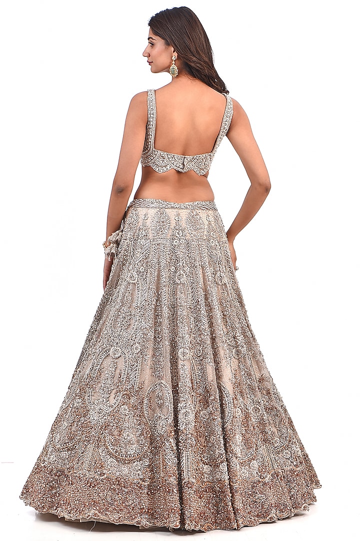 Dusty Ivory Shimmer Tulle Pearl Hand Embroidered Bridal Lehenga Set by Dolly J at Pernia's Pop Up Shop