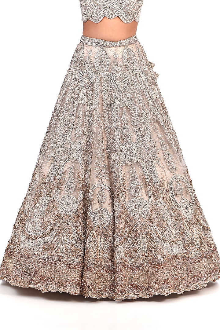 Dusty Ivory Shimmer Tulle Pearl Hand Embroidered Bridal Lehenga Set by Dolly J at Pernia's Pop Up Shop
