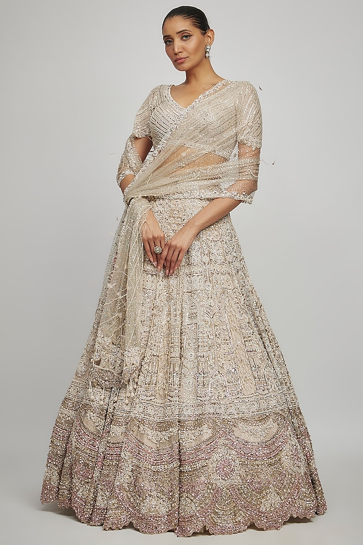 Dusty Ivory Shimmer Tulle Pearl & Crystal Embroidered Lehenga Set by Dolly J