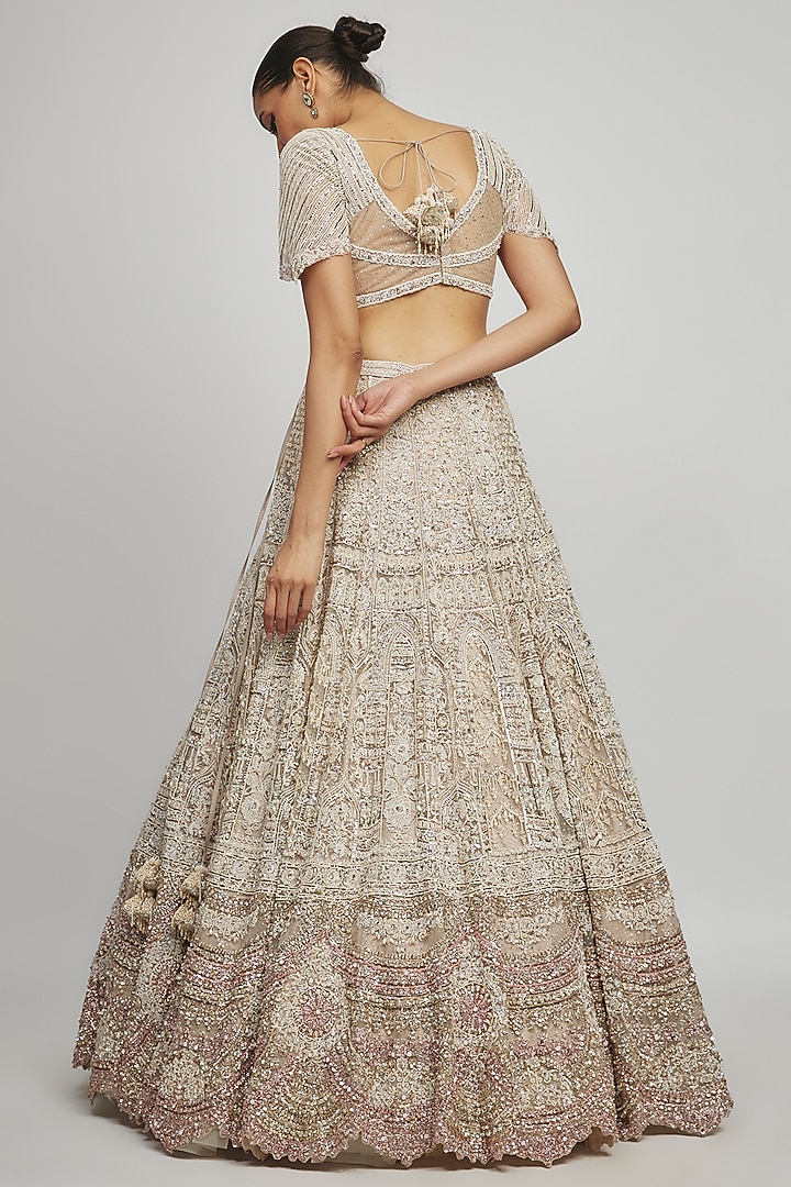 Dusty Ivory Shimmer Tulle Pearl & Crystal Embroidered Bridal Lehenga Set by Dolly J at Pernia's Pop Up Shop
