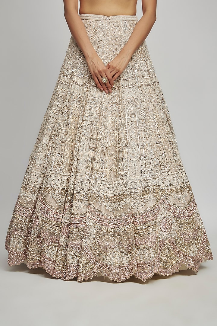 Dusty Ivory Shimmer Tulle Pearl & Crystal Embroidered Bridal Lehenga Set by Dolly J at Pernia's Pop Up Shop