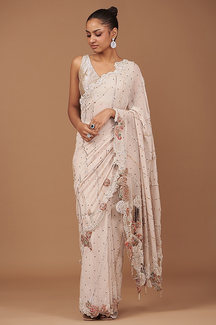 Dusty Ivory Mukaish Thread Embroidered Saree Set by Dolly J at Pernia's Pop Up Shop