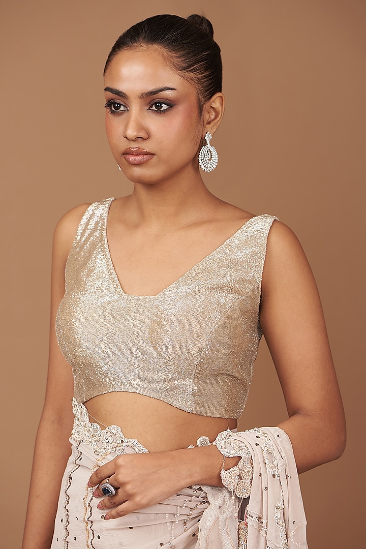 Dusty Ivory Mukaish Thread Embroidered Saree Set Design by Dolly J at Pernia's Pop Up Shop 2024