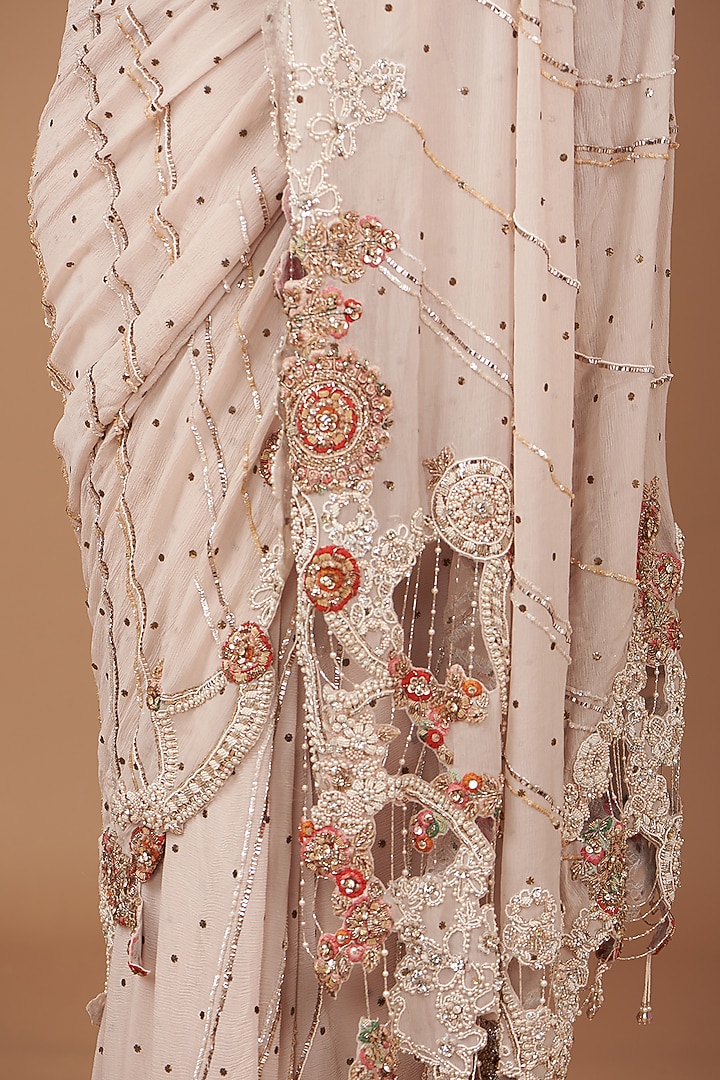 Dusty Ivory Mukaish Thread Embroidered Bridal Saree Set by Dolly J at Pernia's Pop Up Shop