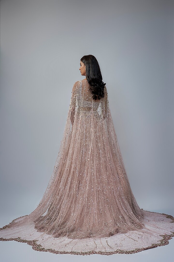 Blush Pink Shimmer Tulle Crystal Embroidered Bridal Lehenga Set by Dolly J at Pernia's Pop Up Shop