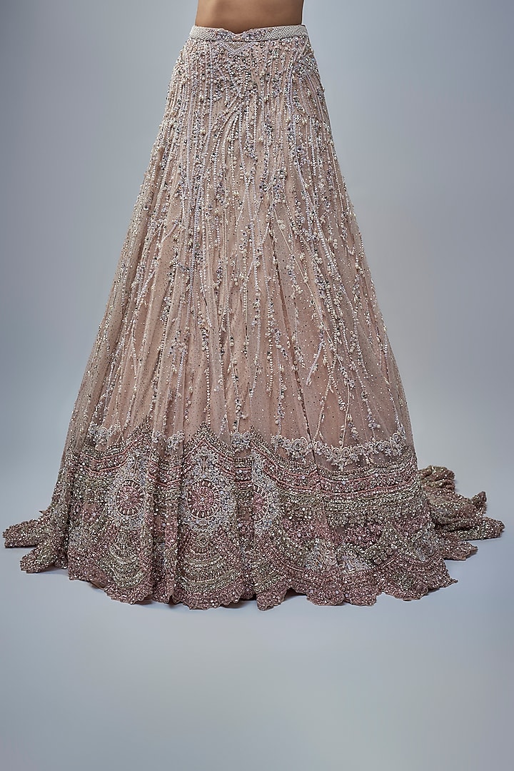 Blush Pink Shimmer Tulle Crystal Embroidered Bridal Lehenga Set by Dolly J at Pernia's Pop Up Shop
