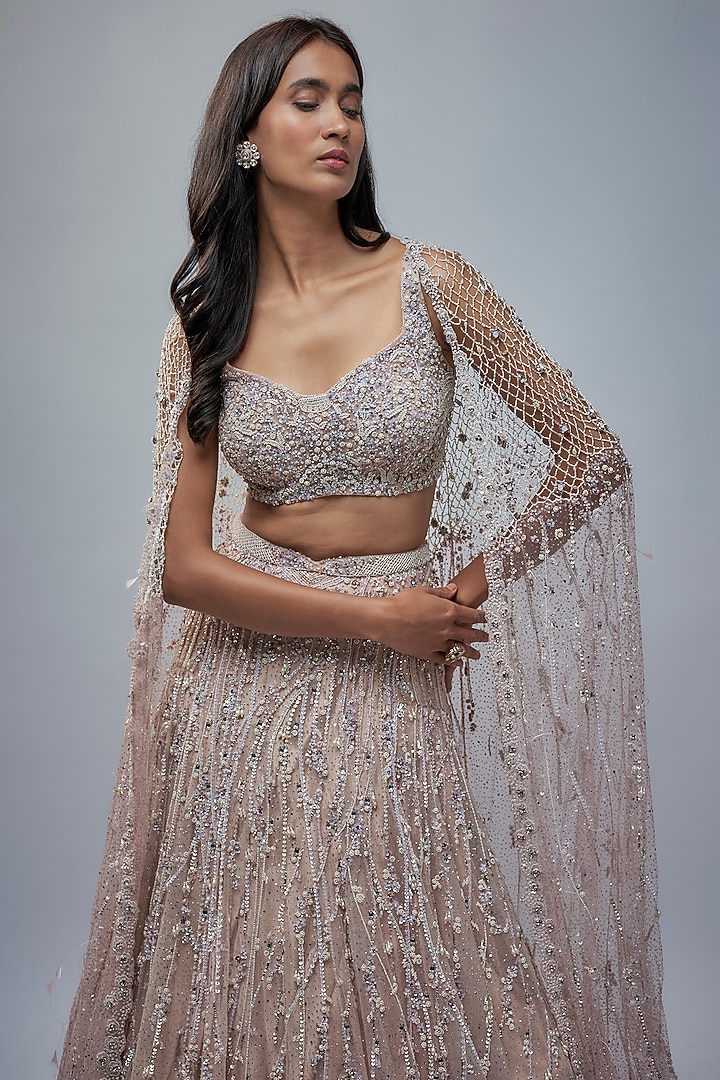 Blush Pink Shimmer Tulle Crystal Embroidered Bridal Lehenga Set by Dolly J at Pernia's Pop Up Shop