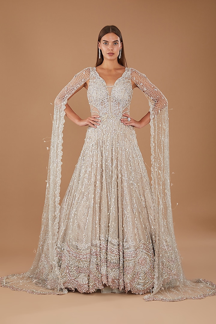 Beige Shimmer Tulle Crystal Embroidered Gown by Dolly J at Pernia's Pop Up Shop