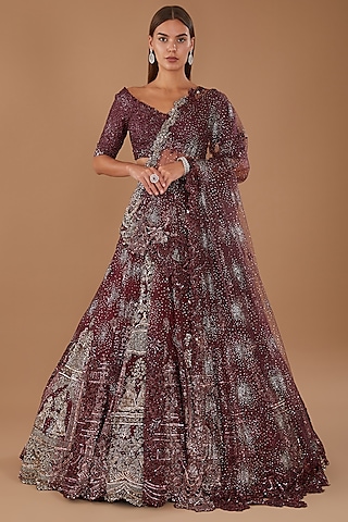 Maroon Shimmer Tulle Crystal Embroidered Lehenga Set by Dolly J