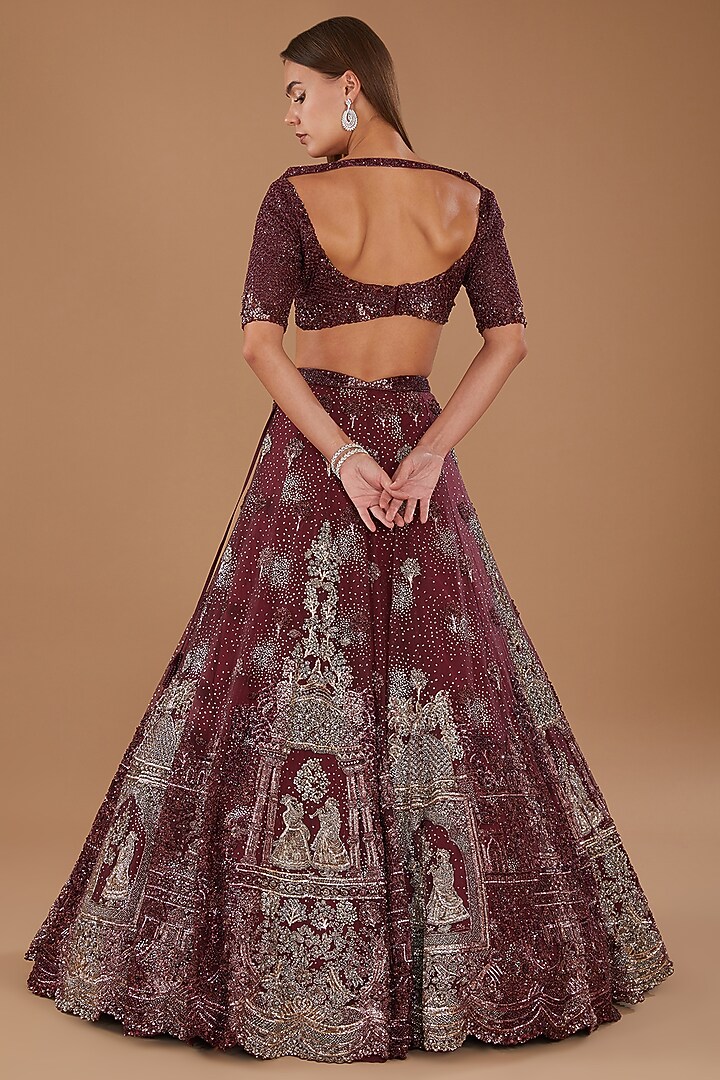 Maroon Shimmer Tulle Crystal Embroidered Bridal Lehenga Set by Dolly J at Pernia's Pop Up Shop