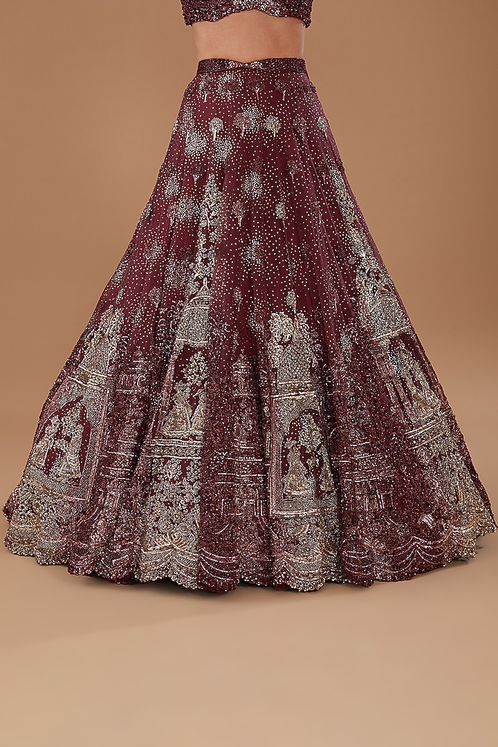 Maroon Shimmer Tulle Crystal Embroidered Bridal Lehenga Set by Dolly J at Pernia's Pop Up Shop