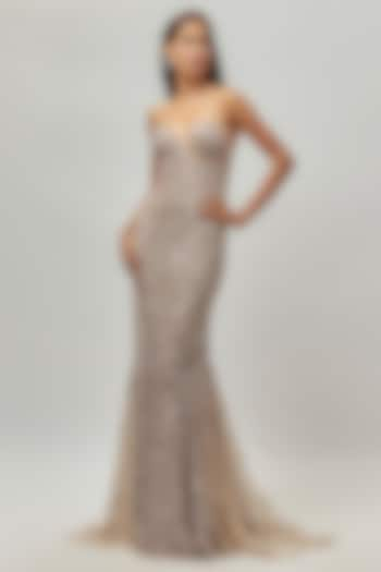 Champagne Tulle Sequins Embroidered Bodycon Gown by Dolly J at Pernia's Pop Up Shop