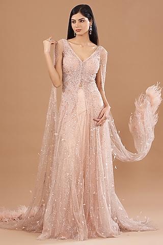 Peach Tulle Sequins Hand Embroidered Skirt Set by Dolly J