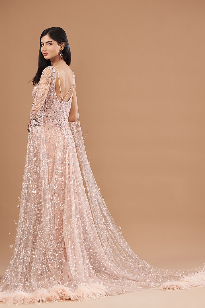 Peach Tulle Sequins Hand Embroidered Skirt Set by Dolly J at Pernia's Pop Up Shop