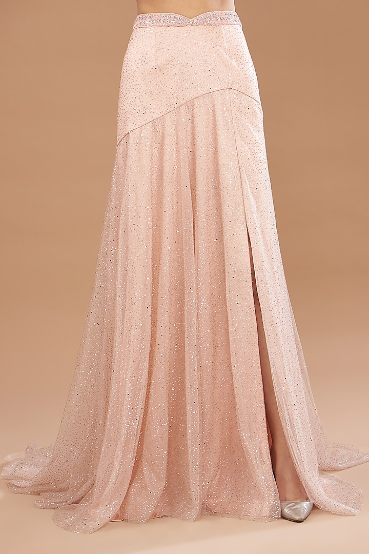 Peach Tulle Sequins Hand Embroidered Skirt Set by Dolly J at Pernia's Pop Up Shop