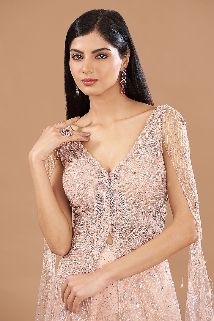 Peach Tulle Sequins Hand Embroidered Skirt Set by Dolly J at Pernia's Pop Up Shop