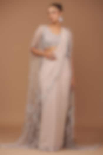 Dusty Ivory Grey Chiffon Hand Embroidered Bridal Saree Set by Dolly J at Pernia's Pop Up Shop
