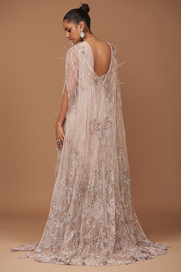 Dusty Ivory Grey Chiffon Hand Embroidered Bridal Saree Set by Dolly J at Pernia's Pop Up Shop