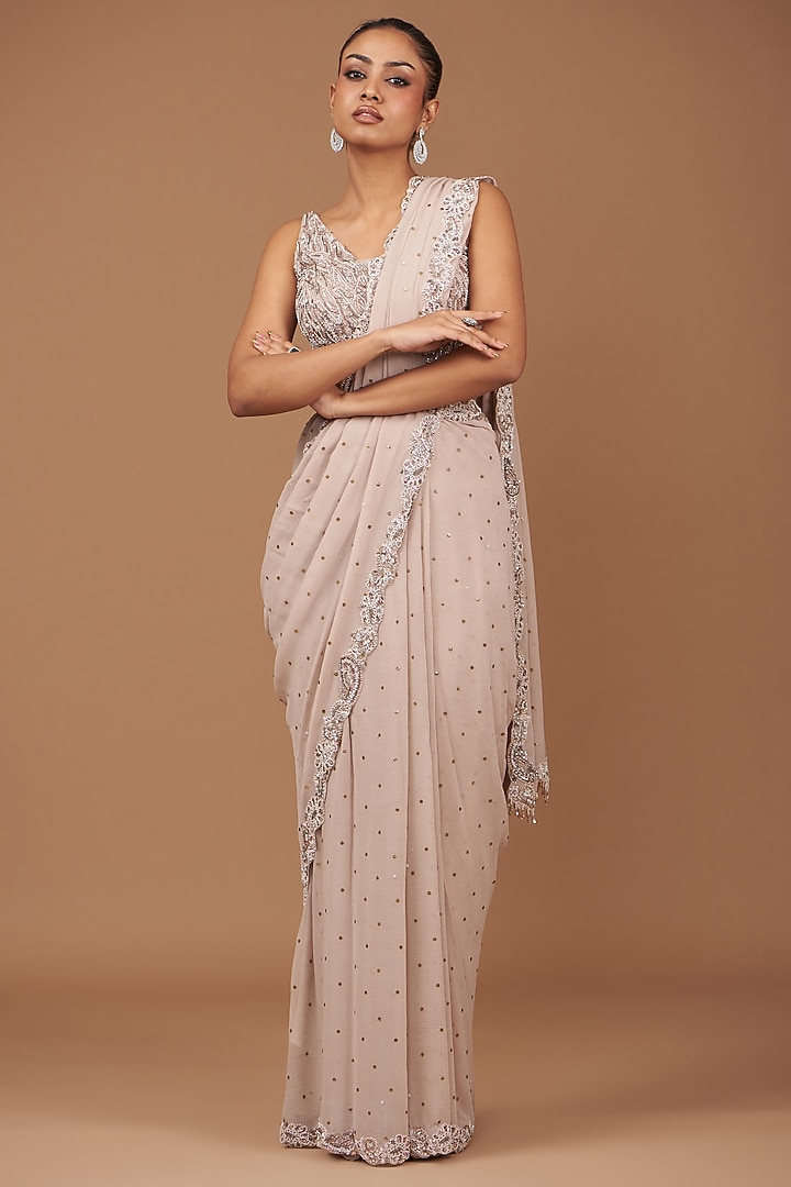 Dusty Ivory Grey Chiffon Hand Embroidered Bridal Saree Set by Dolly J at Pernia's Pop Up Shop