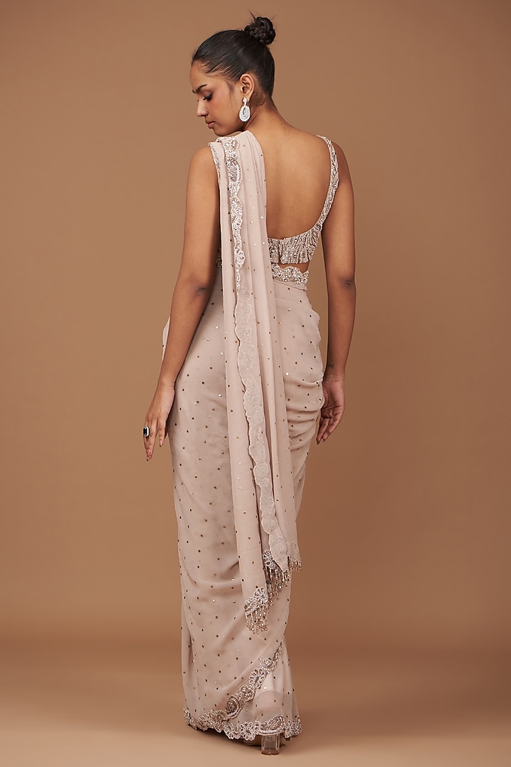 Dusty Ivory Grey Chiffon Hand Embroidered Bridal Saree Set by Dolly J at Pernia's Pop Up Shop