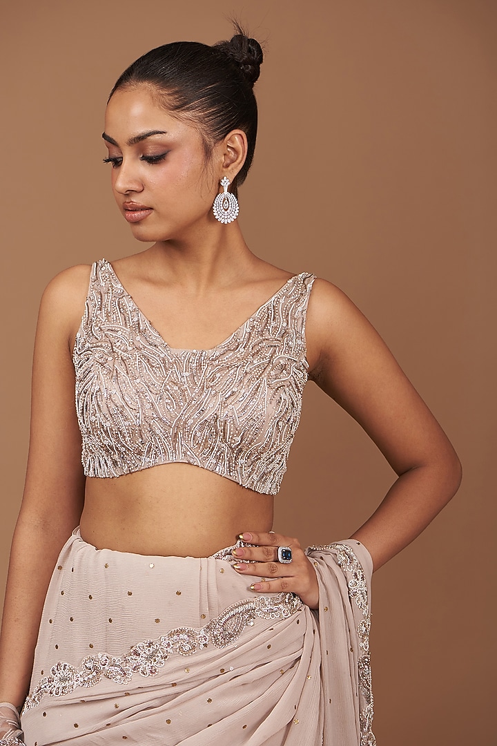 Dusty Ivory Grey Chiffon Hand Embroidered Bridal Saree Set by Dolly J at Pernia's Pop Up Shop