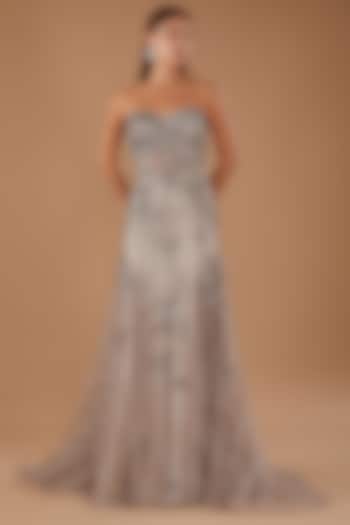 Pale Gunmetal Shimmer Tulle Crystal Hand Embroidered Bodycon Bridal Gown by Dolly J at Pernia's Pop Up Shop